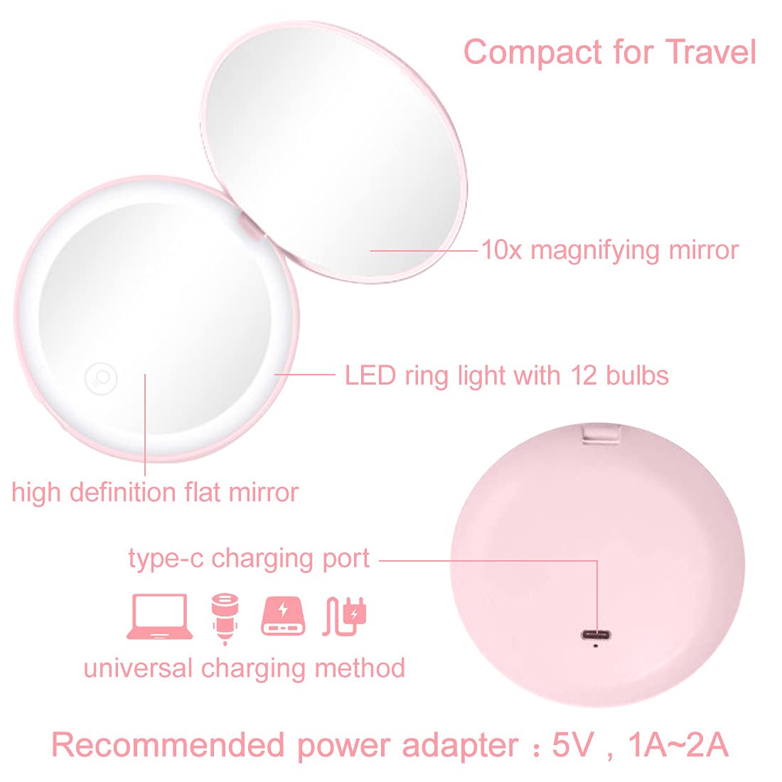 Compact Mirror with LED Light,1x/10x Magnifying Rechargeable Mirror,3.5in, Dimmable Travel Mirror for Purse,Pocket,Handheld 2-Sided Makeup Mirror