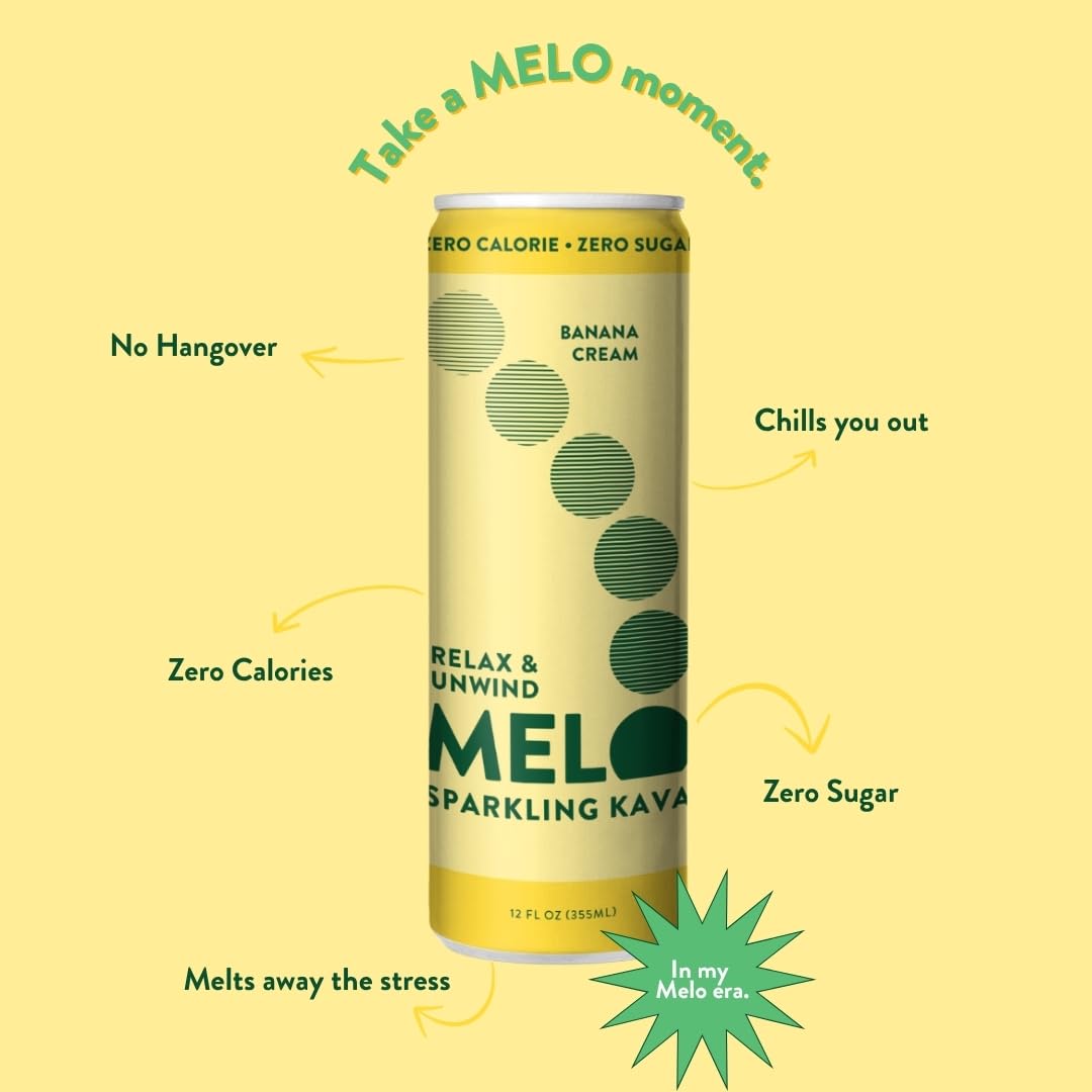 Melo Sparkling Kava Drink, Banana Cream, Sugar Free Non Alcoholic Drinks with Zero Calories, Gluten Free, Vegan, 100% Natural Mocktail with 750mg Kava Root per Drink, 12 Pack, 12 oz Cans