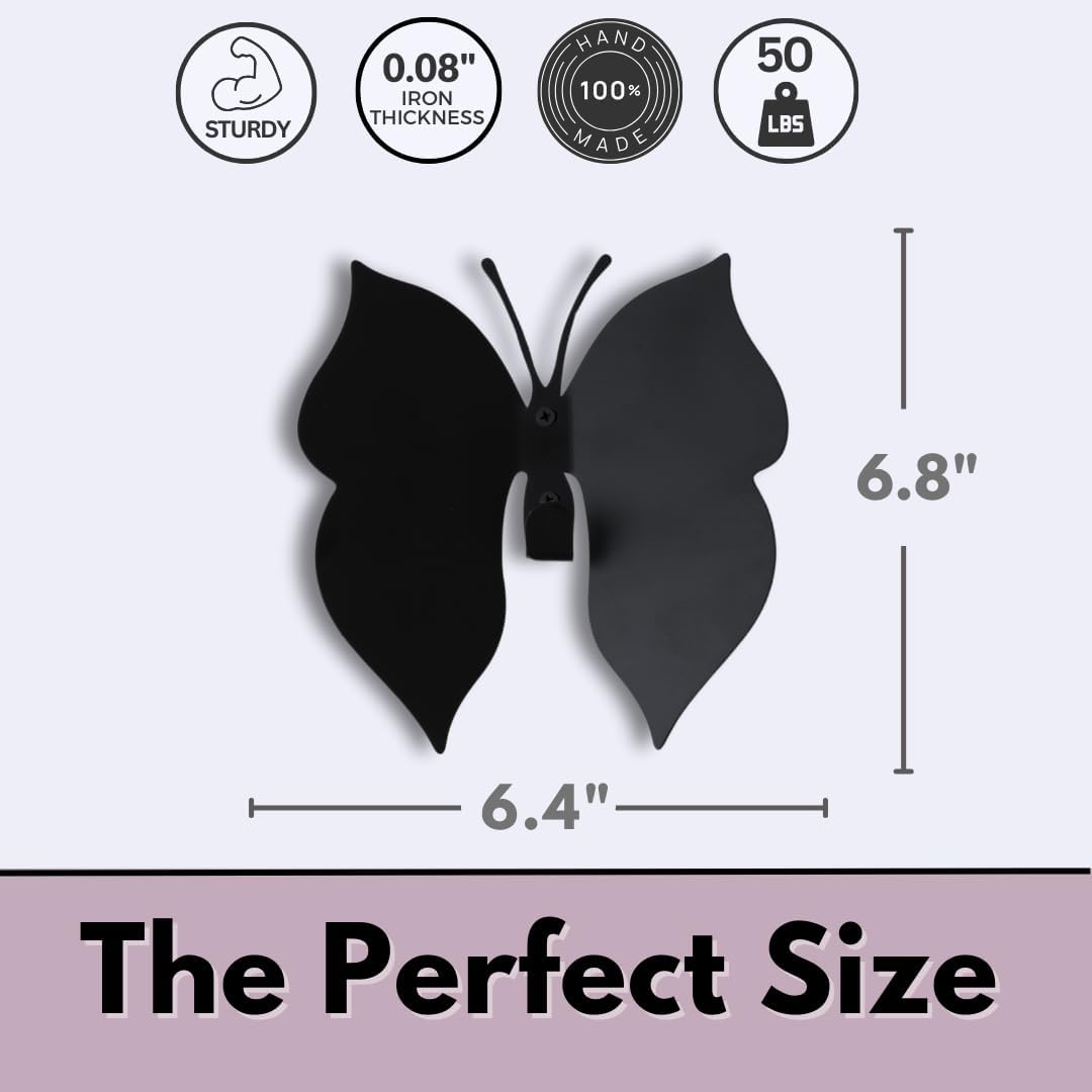Butterfly 3D Black Butterfly Wall Hooks: Girl’s Bedroom Double-Hook Coat Rack Mount for Hanging Coat,Clothing,Backpacks,Purses,Jewelry,Towels, Girls Room DécorCut-Out Metal 2 Hangers