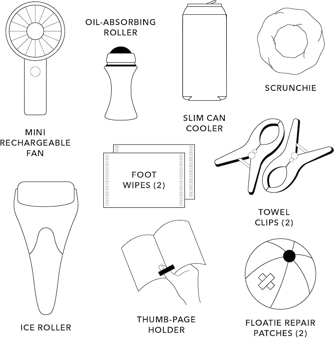 Pinch Provisions Super Summer Jelly Tote, 12 Beach & Poolside Accessories For Beauty, Perfect for Pool & Beach Days, Includes Oil Absorbing Roller, Rechargable Fan, Towel Clips, & Ice Roller