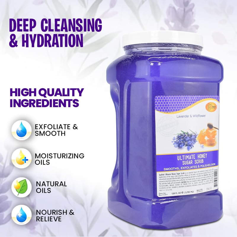 SPA REDI β Sugar Body Scrub, Honey, Lavender and Wildflower, 128 Oz Exfoliating, Moisturizing, Hydrating and Nourishing, Glow, Polish, Smooth and Fresh Skin - Body Exfoliator