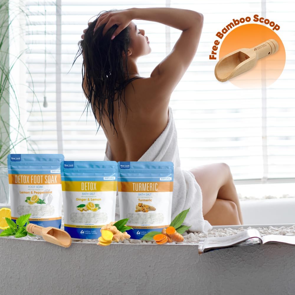 Detox Bath Bundle (3 Pack with Scoop Total 6 Lbs) Detoxifying Soaks with Detox Foot Soak and Turmeric Bath Soak Made with Epsom Salt and Pure Essential Oils Plus Vitamin C Three 2 Lbs Pouches