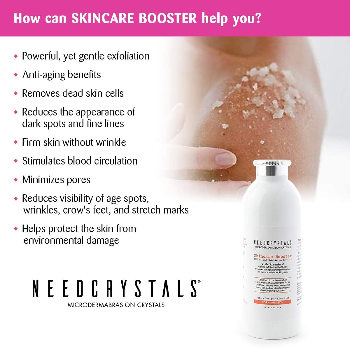 NeedCrystals Microdermabrasion Crystals, DIY Face Scrub with Vitamin C. Natural Facial Exfoliator for Dull or Dry Skin Improves Wrinkles, Anti-Aging, Skin Texture & Brightening. 8 oz