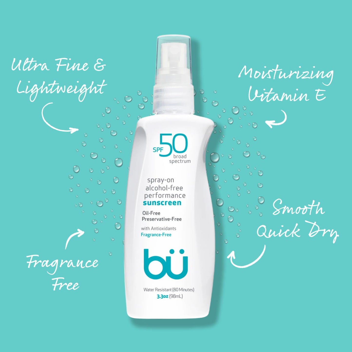 BU SPF 50 Sunscreen Spray for Face and Body, Fragrance Free, Clear Non Aeorsol, Non Greasy and Water Resistant (2-pack)