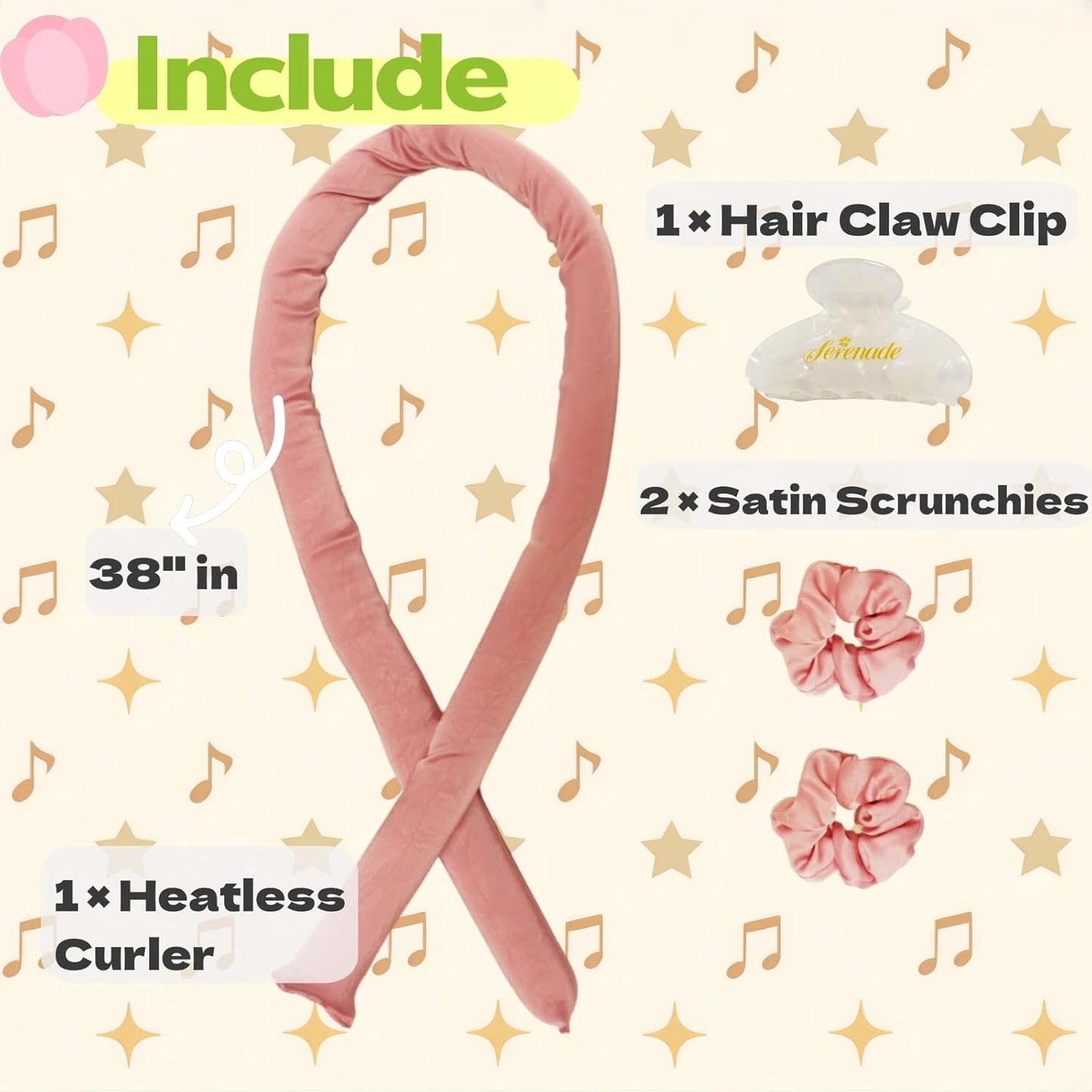 Serenade Textured Satin Heatless Curls Overnight, Heatless Hair Curler Curling Set for Women and Girls to Sleep in, with 2 Satin Scrunchies and 1 Clip for Overnight Curls, Pink