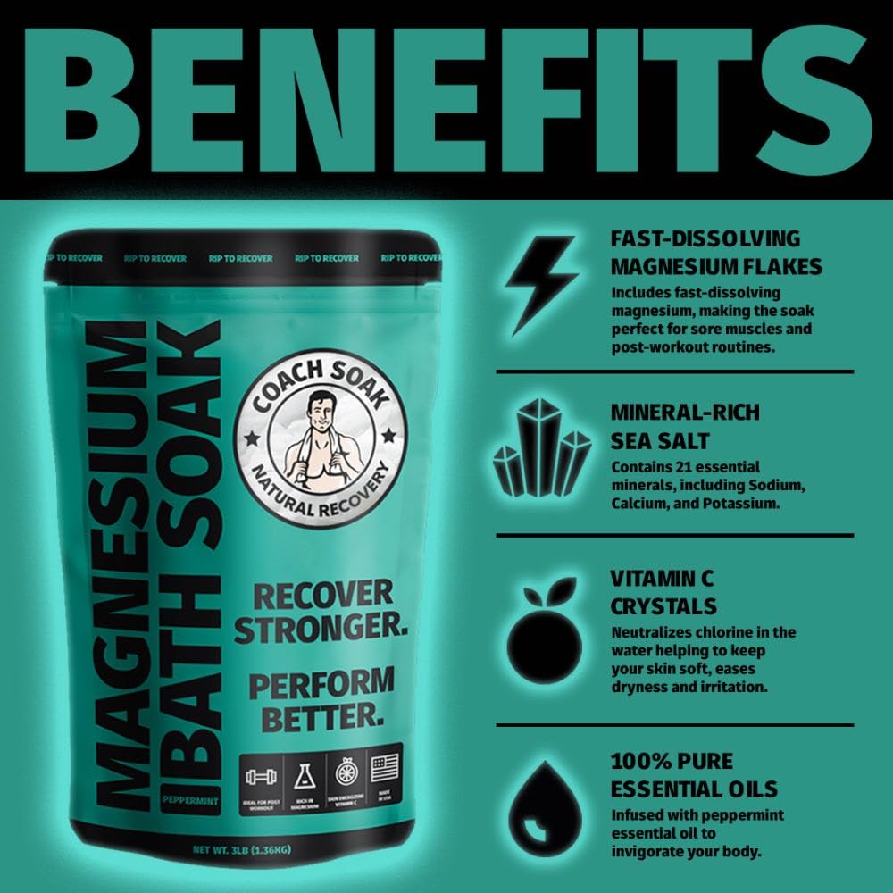 Coach Soak Epsom Salt Bath Soak Alternative - Magnesium Flakes & Mineral Bath Salts with 21 Minerals - Muscle & Joint Support - 3 lb (1 Pack) - Cooling Peppermint