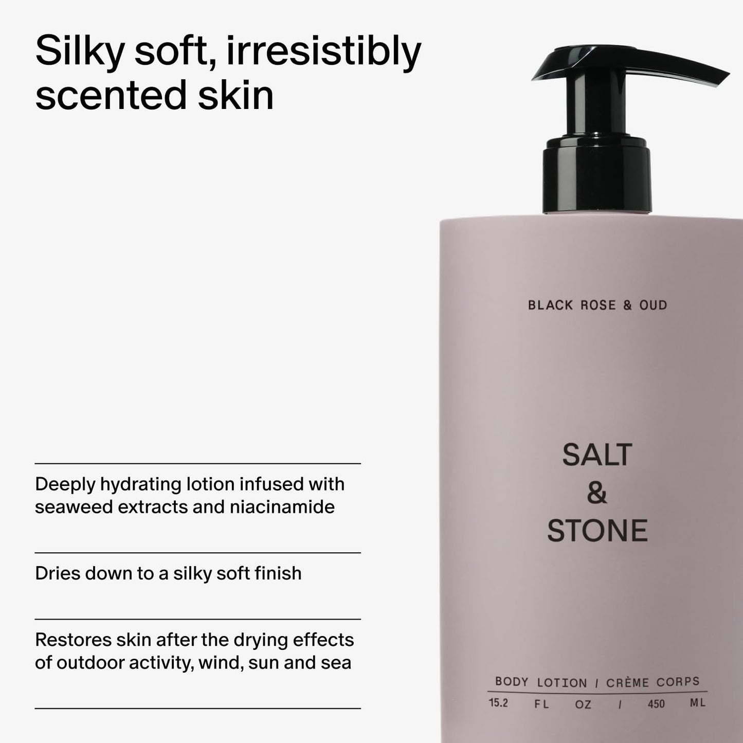 Salt & Stone Body Lotion for Women & Men| Scented Daily Body Lotion | Hydrates, Nourishes & Softens Skin | Restores Dry Skin | Fast-Absorbing | Cruelty-Free & Vegan (450 ml) (Black Rose & Oud)