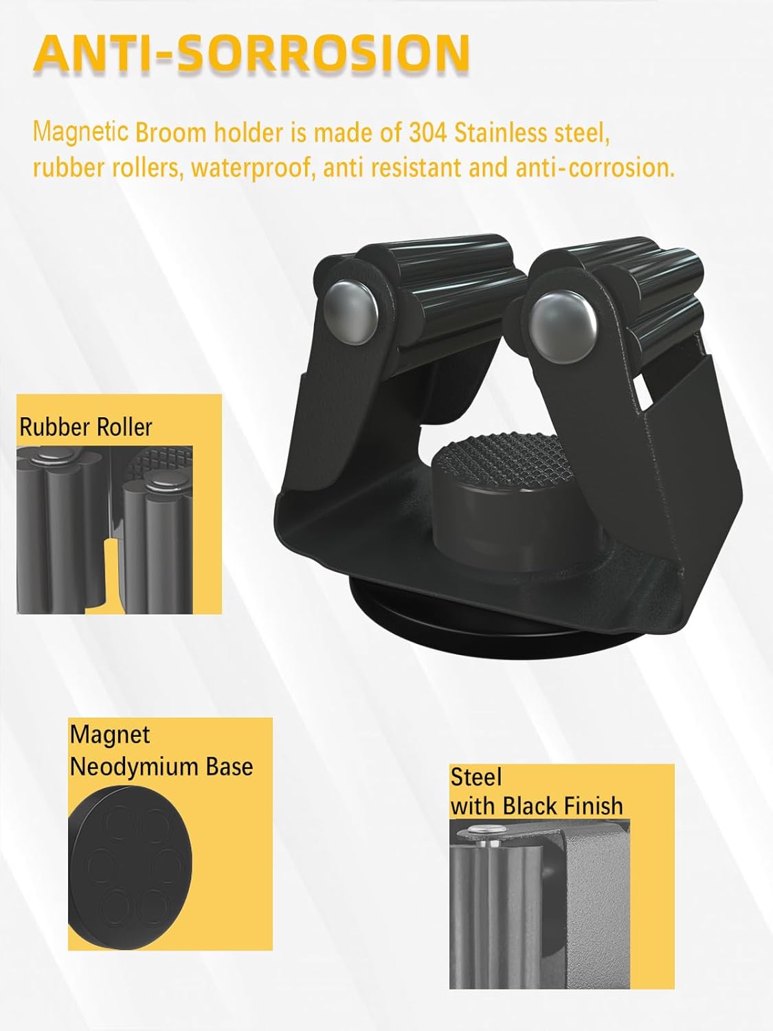 Magnetic Broom Holder for Refrigerator, No Drilling Magnetic Broom Holder Black Steel Magnetic Tool Mount for Home, Kitchen, Laundry, Garage, Workshop - 2 Pack Black+2 Pack Grey