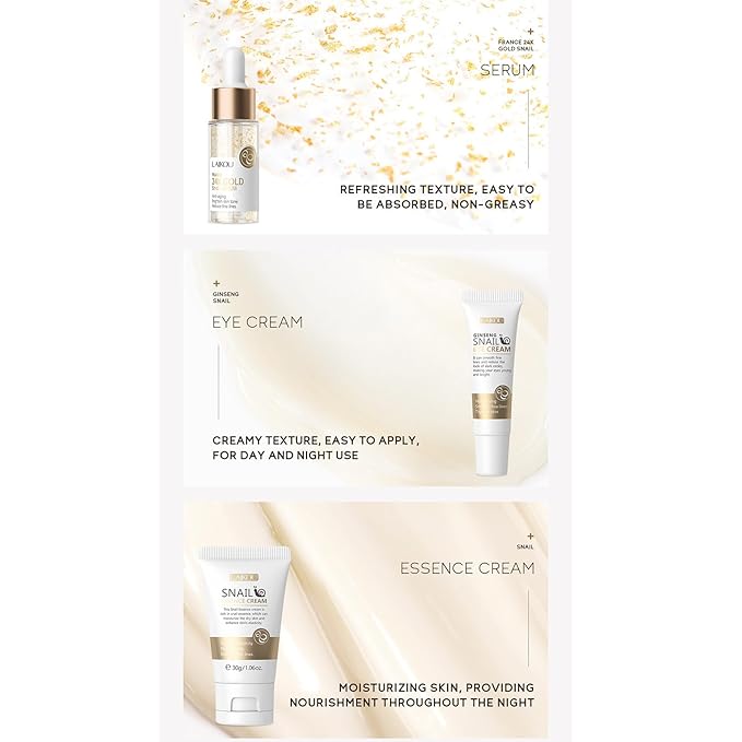 Snail Mucin Skin Care Set,Gold Snail Serum,Ginseng Snail Eye Cream,Snail Essence Cream 3 in 1 Essentials Travel,Improve Damaged Skin Lmproves Elasticity and Minimizes Pores(3pcs)