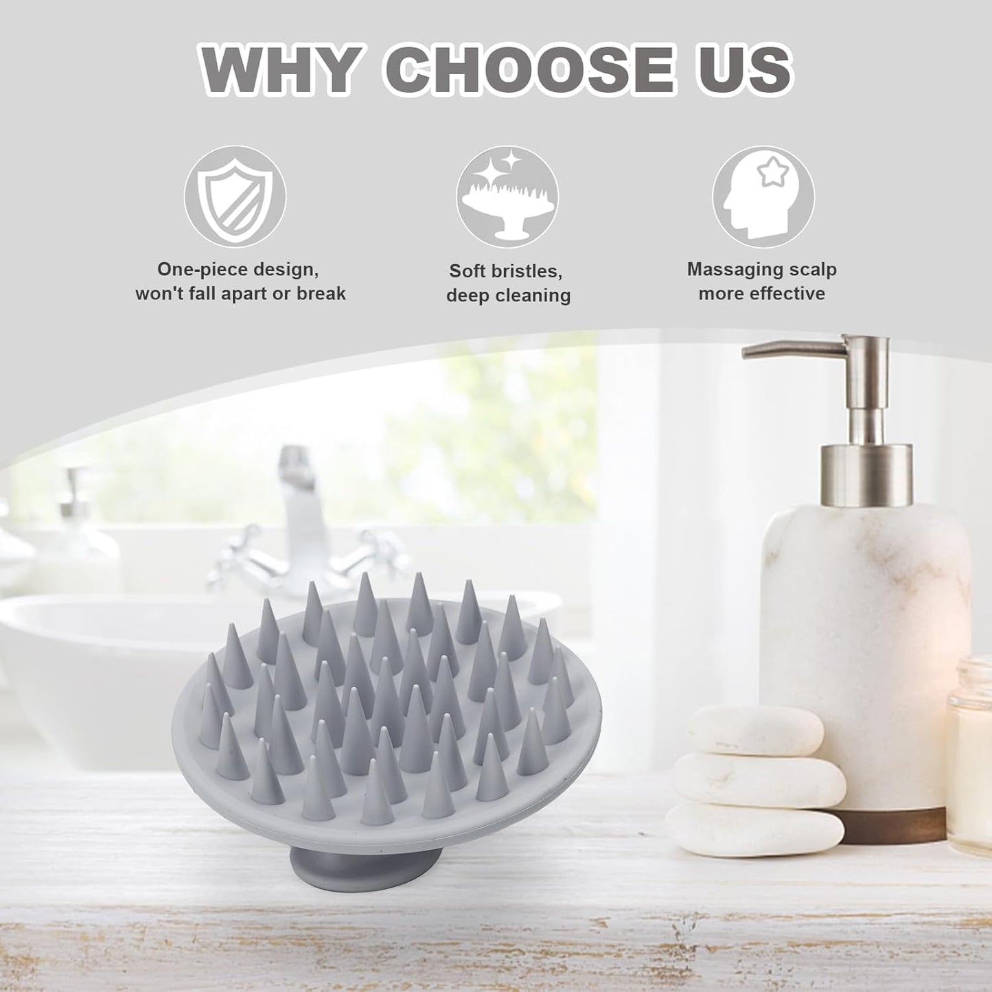 Silicone Scalp Massager Shampoo Brush, Scalp Brush for Hair Growth & Dandruff Removal, Hair Scrubber Scalp Stimulator Exfoliator Brush with Soft Bristles for Wet Dry Scalp Care (Grey)