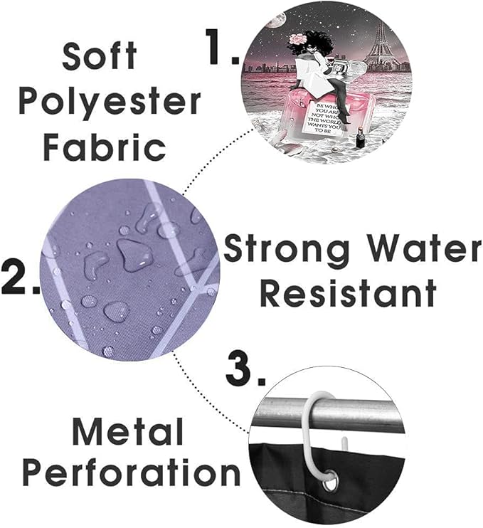 4PCS Sexy Black Girl Shower Curtain Set, Inspirational Quotes African American Woman Full Moon Starry Sky Eiffel Tower Beach Perfume Fashion Bathroom Decor, Non-Slip Bath Mat, Be Who You are