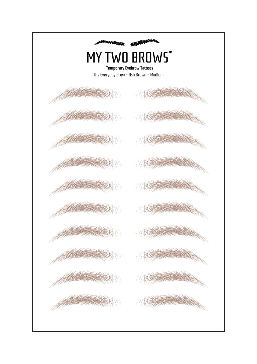 (10 pairs) Ash Brown Temporary Eyebrow Tattoo - Medium Size - Waterproof & Smudgeproof - Everyday Brow Style Eyebrow Stickers - Sheet Lasts up to 30 Days - Won't Work on Existing Brows