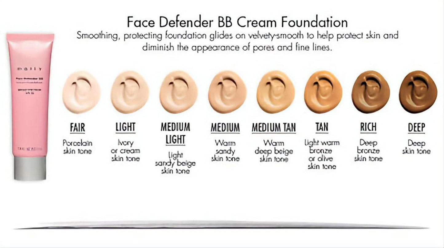 Face Defender BB Cream Makeup Foundation Beauty - mally Broad Spectrum SPF 15 Sunscreen Protection - Various Skin Shades (Medium Tan)