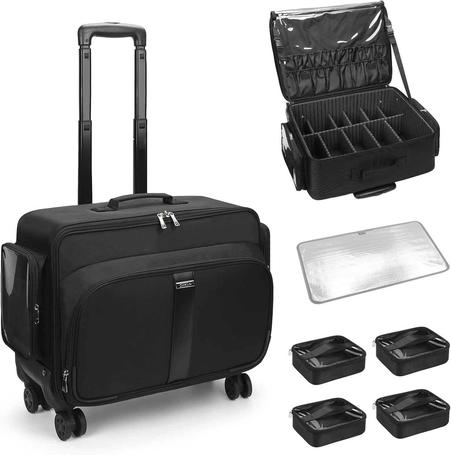 Large Rolling Makeup Case,Professional Makeup Artist Bag with 4 Small Bag Makeup Case, Adjustable Dividers, Portable Travel Supply Station for Cosmetics Storage Organizer Trolley Suitcase Makeup Cart