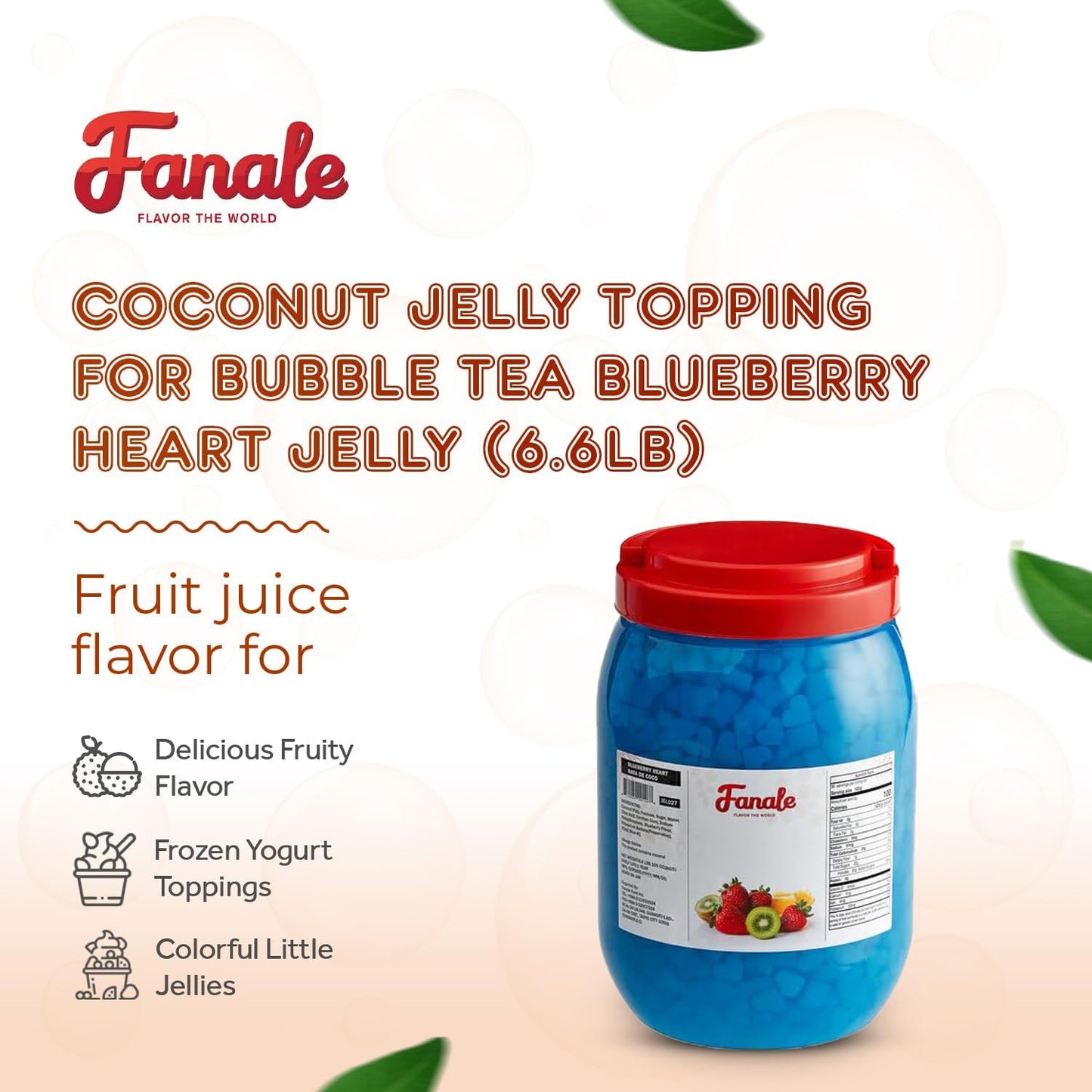 New Fanale Coconut Jelly Topping nata de coco for Boba Tea | Ice Cream | Yogurt | Smoothie | Milk Tea | Desserts (Blueberry Heart Shaped, 6.6 lb)
