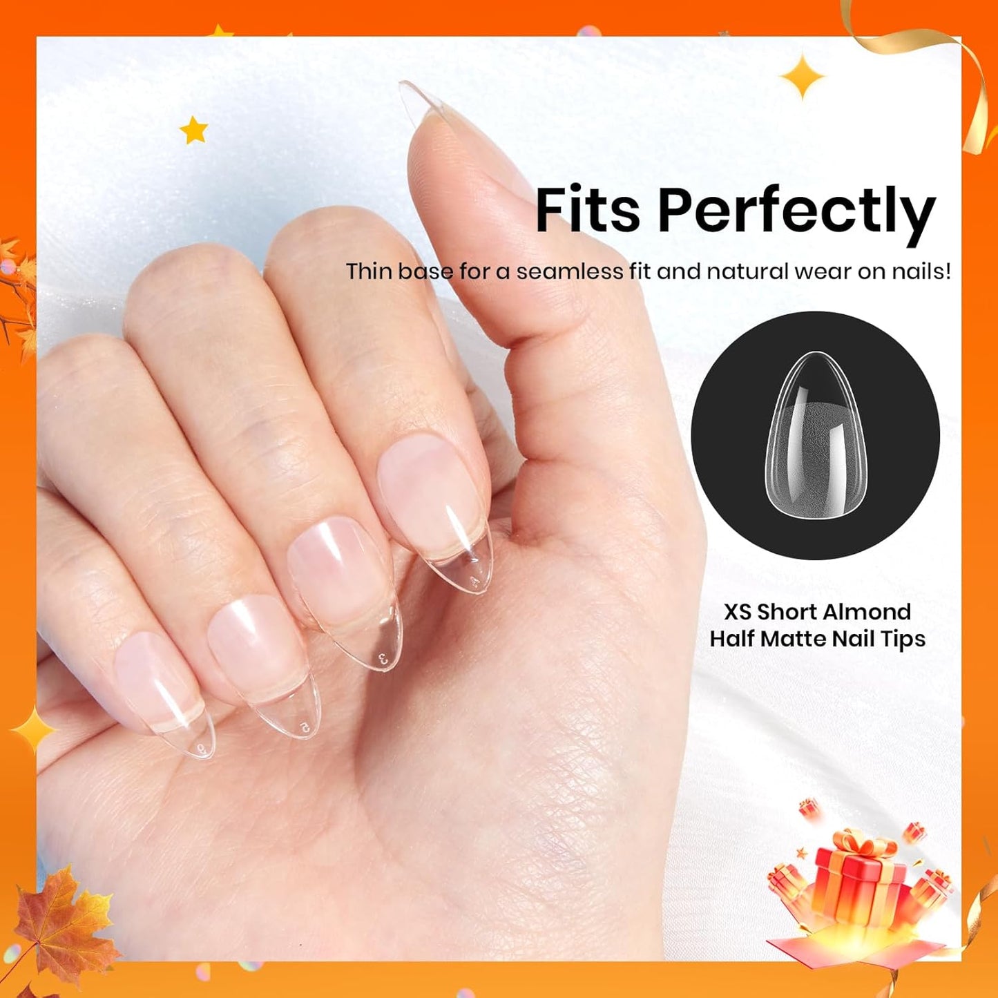 Beetles Gel Nail Tips 576Pcs Pre-shape Short Almond Etch-X Nail Tips,12 Sizes Soft Nail Tips Half Matte False Nails for Fall Nails Full Cover Press On Nail Nail Extensions Set for Women