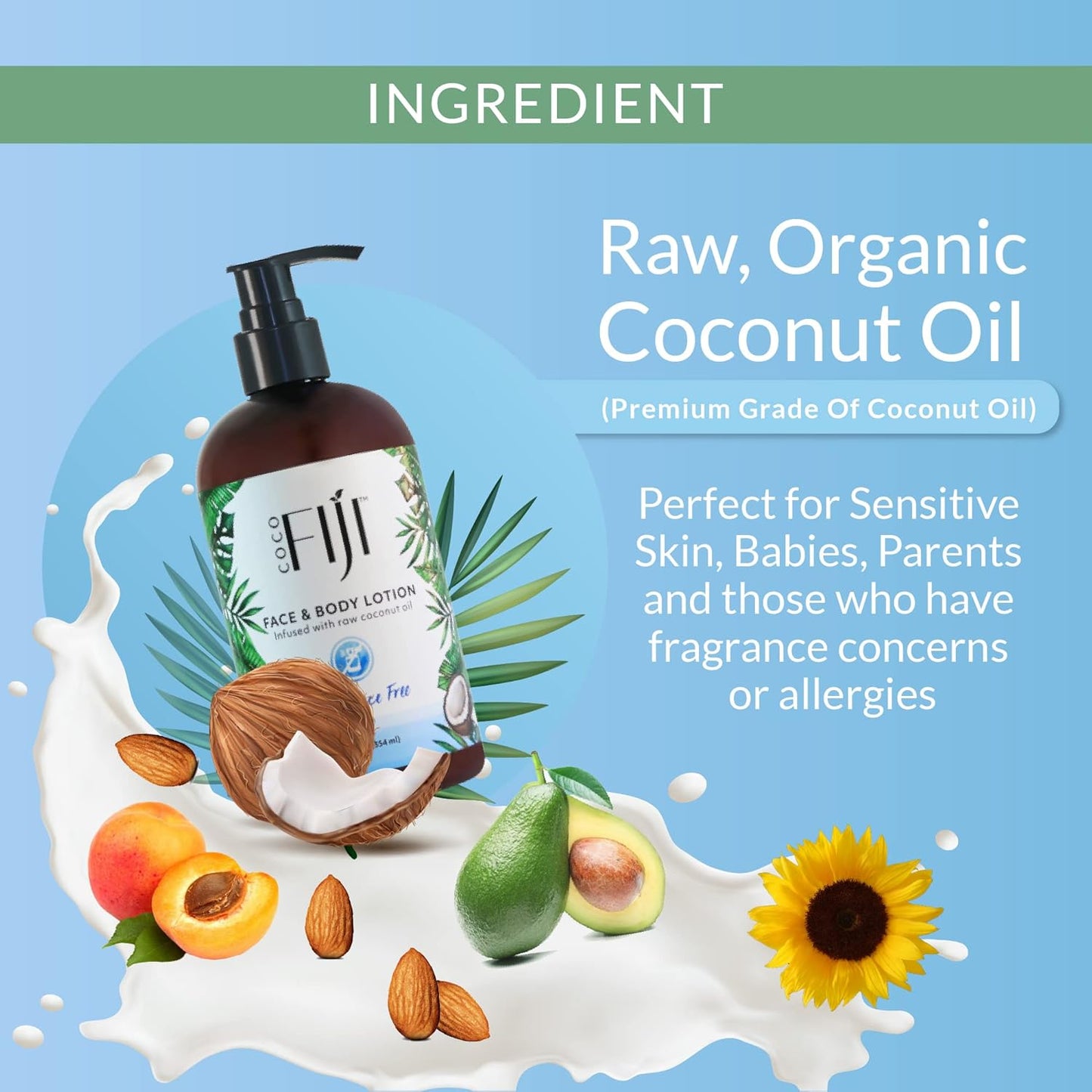 Coco Fiji Face & Body Lotion Infused With Coconut Oil | Lotion for Dry Skin | Moisturizer Face Cream & Massage Lotion for Women & Men | Fragrance Free 12 oz, Pack of 3