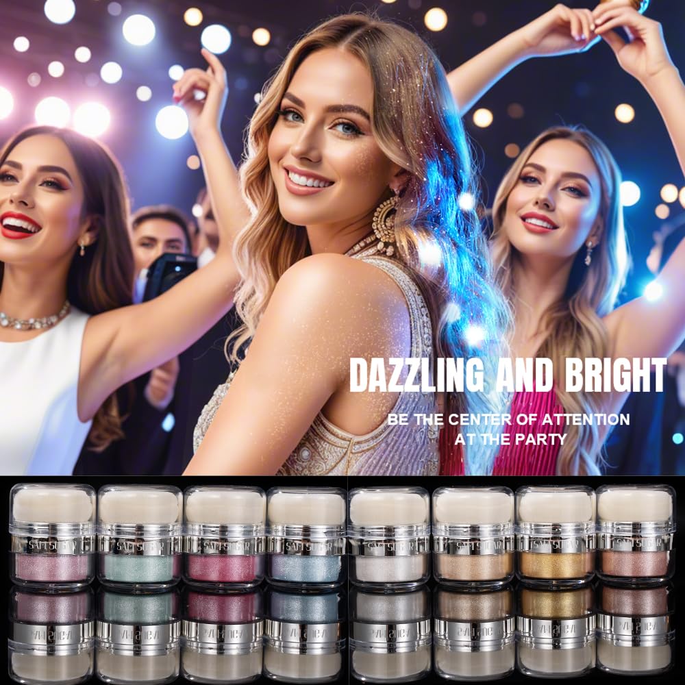 Glitter Body Highlighter Powder Body Shimmer Sparkle Face Brightening Highlighter Powder for Face Eyes Body Glow Makeup With sponge head(08#)