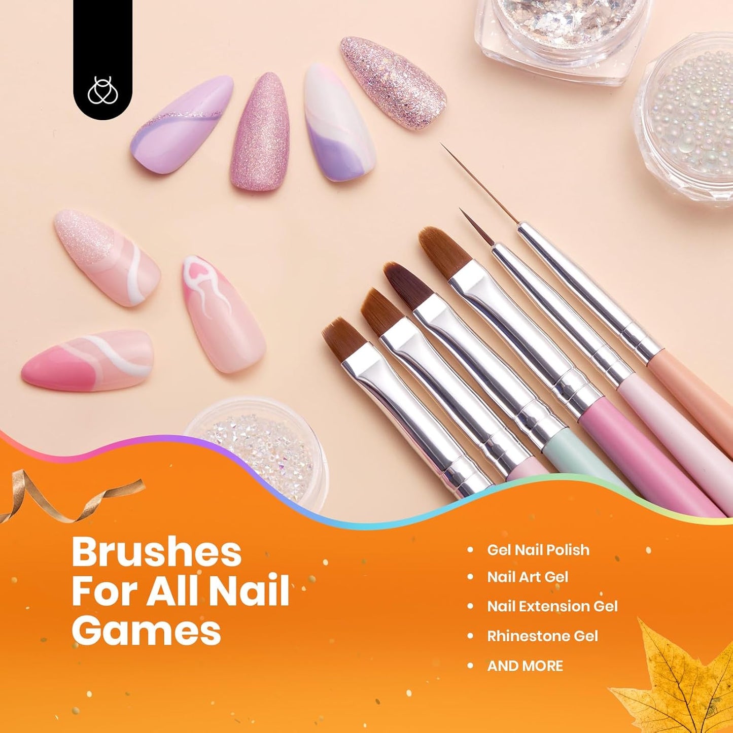 Beetles Gel Polish Nail Art Brushes, 6 Pcs Fingernail Art Design Pens, Wood Alloy Handle, Dotting Pen Clean Up Liner French Nail Brush Set, DIY Manicure Tools Gift for Women