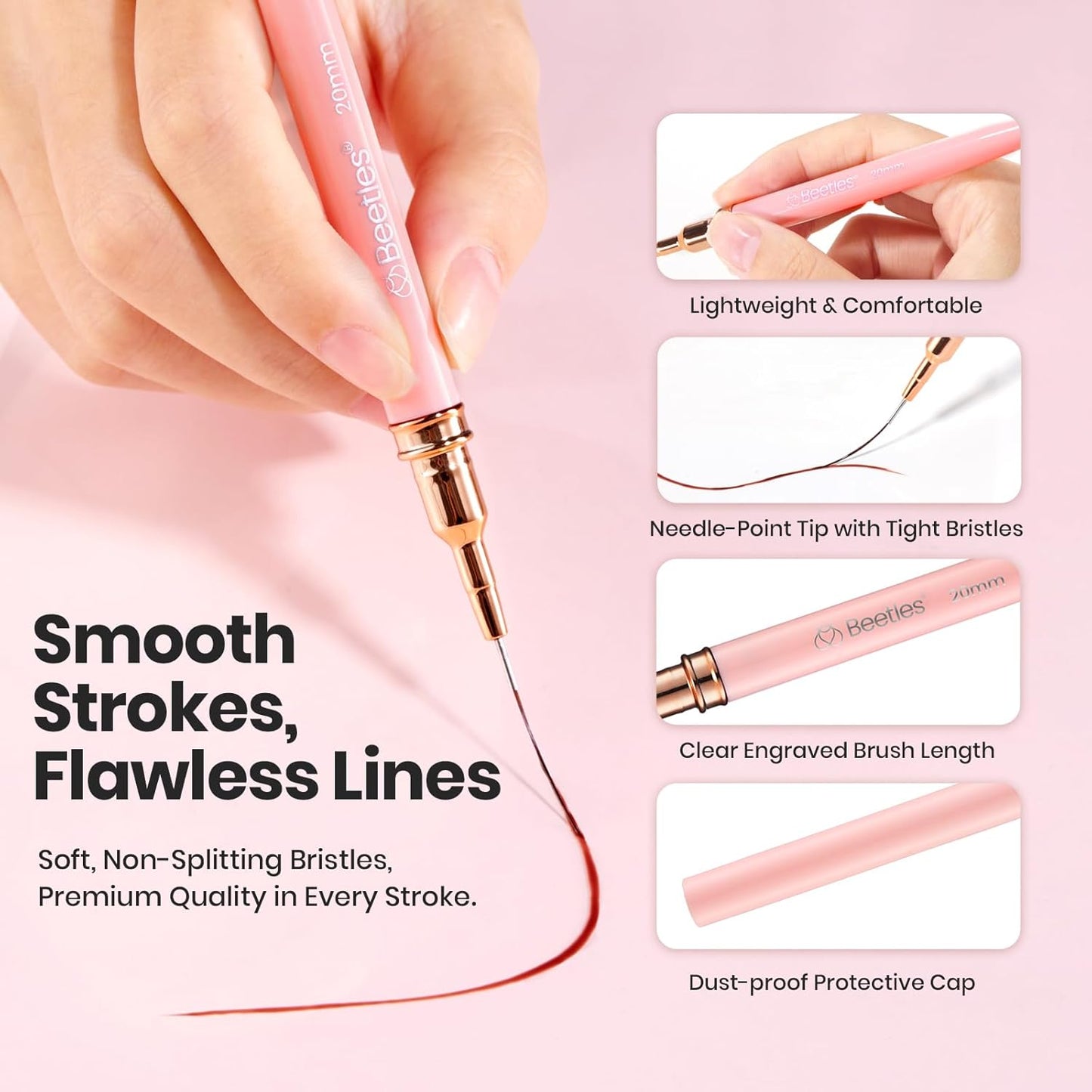 Beetles Gel Polish Nail Art Pens, 5pcs Nail Art Brushes Liner Brushes for Nails Pink Liner Sizes 5/9/15/20/25mm with Palette Holder Painting Manicure Design Tools for Long Lines, Details, Fine Drawing