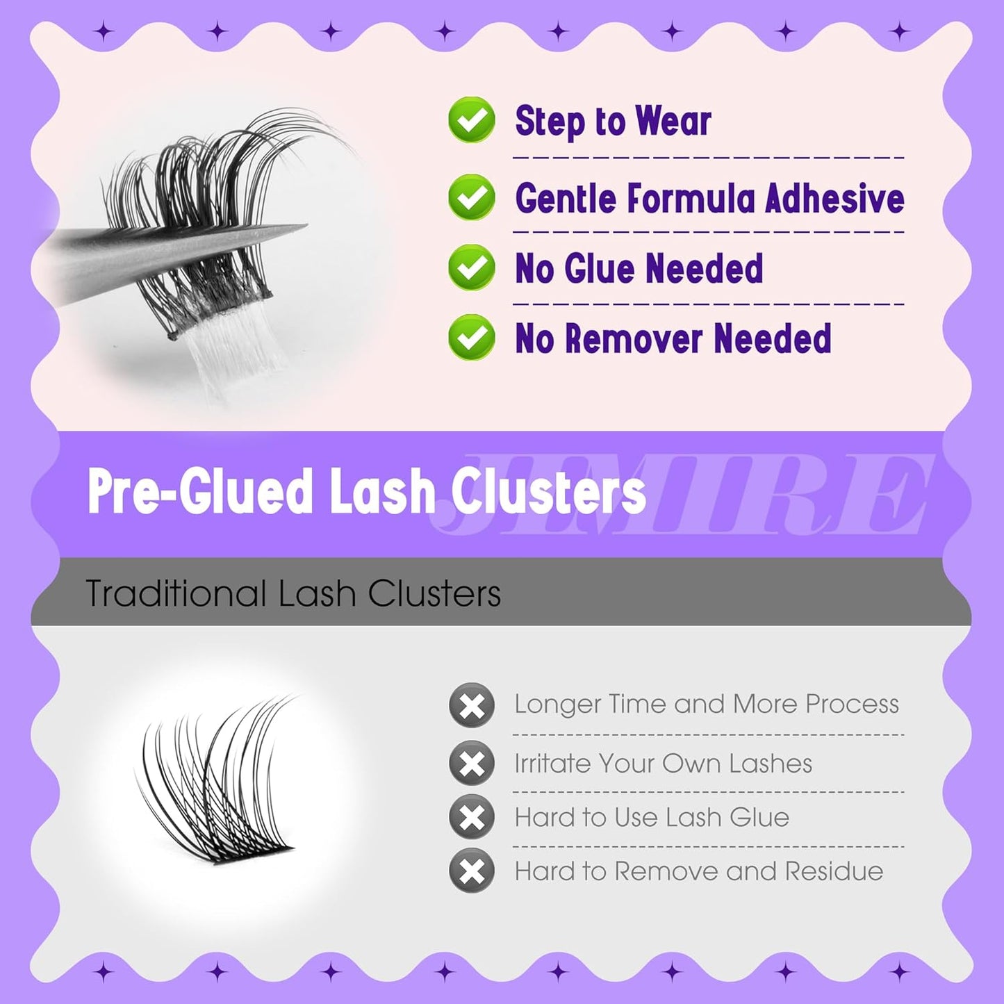 JIMIRE Self Adhesive Eyelashes Manga Lash Clusters Natural Look 10-14MM Wispy Pre Glued Lashes Clusters No Glue Needed D-Curly Natural Cluster Lashes Reusable Invisible Band Press on Lashes