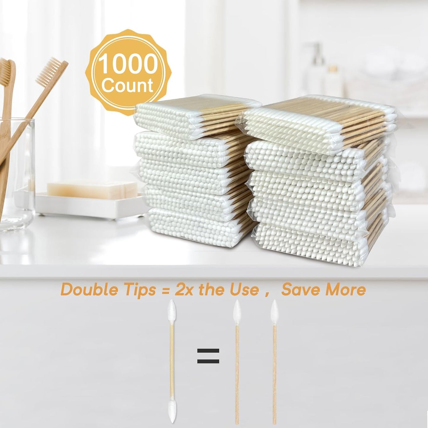 Bamboo Cotton Swabs 1000 Counts in Storage Box, Organic Cotton Buds with Durable Bamboo Sticks, Biodegradable Swabs for Makeup, Ear Care, Cleaning, Pet Grooming, Crafts(Pointed+Round Tips)