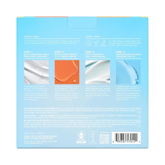 e.l.f. SKIN Wake the e.l.f. Up Skincare Kit, Travel-Size Hydrating Face Cleanser, Sunscreen, Moisturizer & Brightening Serum, Vegan & Cruelty-Free