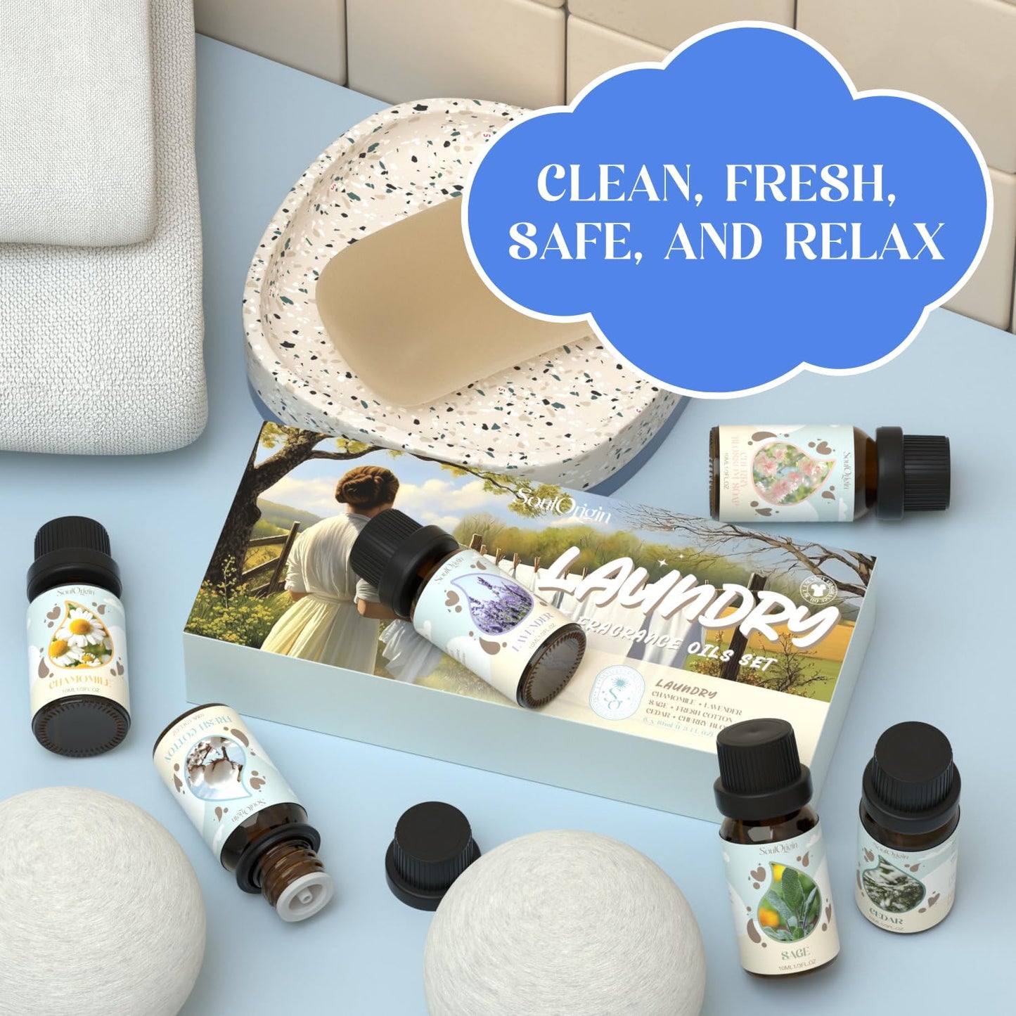 Laundry Fragrance Oils Set, Essential Oil for Diffuser, Aromatherapy Gift, Clean Scent Diffuser Oil, Use with Wool Dryer Balls,Chamomile, Fresh Cotton, Sage, Cedar, Lavender, Cherry Soap