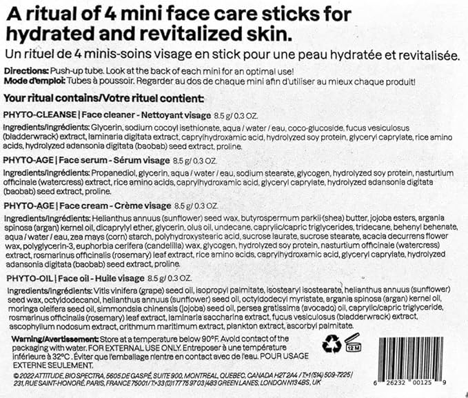 ATTITUDE Oceanly Aging Skin Daily Facial Care Routine Box Set, EWG Verified, Plastic-free, Plant and Mineral-Based Ingredients, Vegan and Cruelty-free, PHYTO AGE, Set of 4 Travel Size Bars