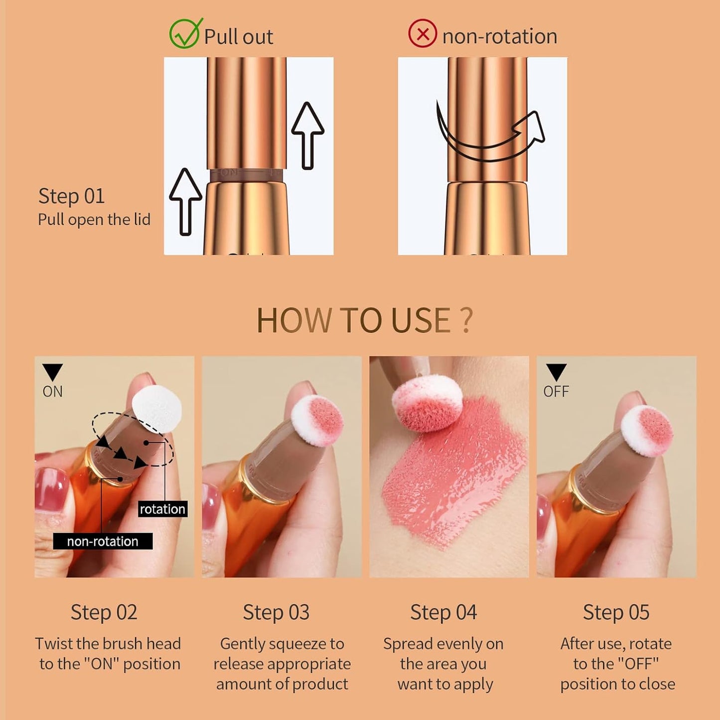 Highlighter Beauty Wand, Cream Liquid Highlighter Makeup Stick, Silky Smooth Face Shimmer Bronzer Stick with Cushion Applicator, Lightweight Body Face Glowing Highlighter, Cruelty-free(Rose Gold)