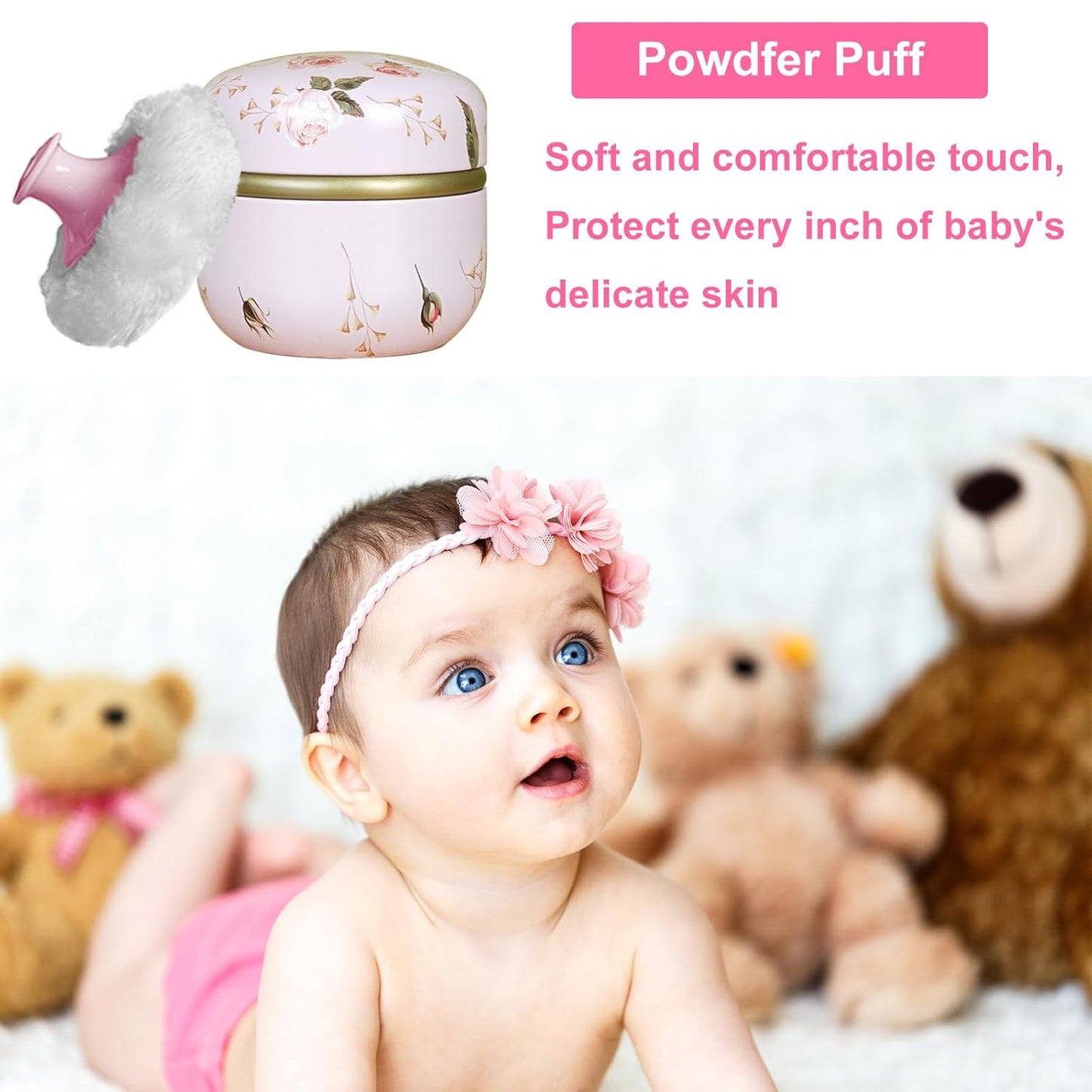 Body Powder Puff and Container for Dusting Powder, Women Powder Puff and Powder Case for Bath and Travel (Romantic Flowers)