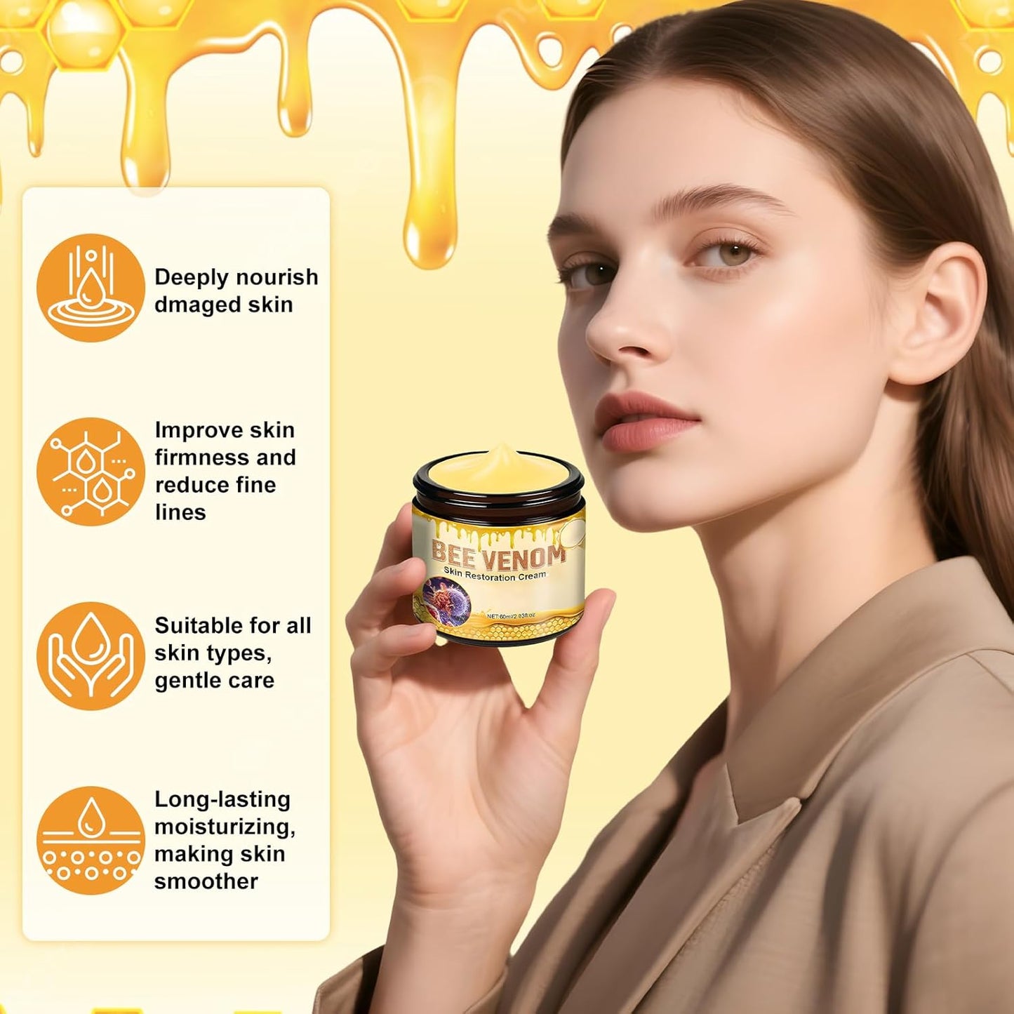 2PCS Bee Venom Skin Restoration Cream, Bee Venom Treatment Cream, Skin Treatment for Firming, Wrinkle Reduction & Moisturizing, Suitable for All Skin Types