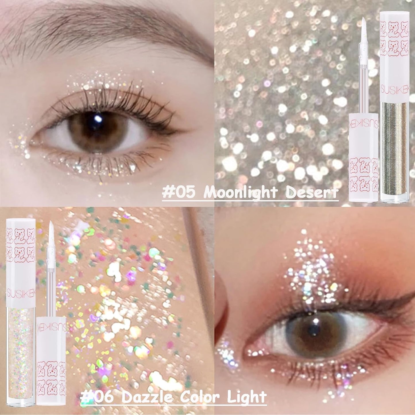 6Pcs Liquid Glitter Eyeshadow Eyeliner, Korean Makeup, Bling Under Eye Shadow, Shimmer Eye Make Up Valentine's Gift Set,Long Lasting,Quick Drying & Pigmented Loose Glitter Glue for Crystals Makeup