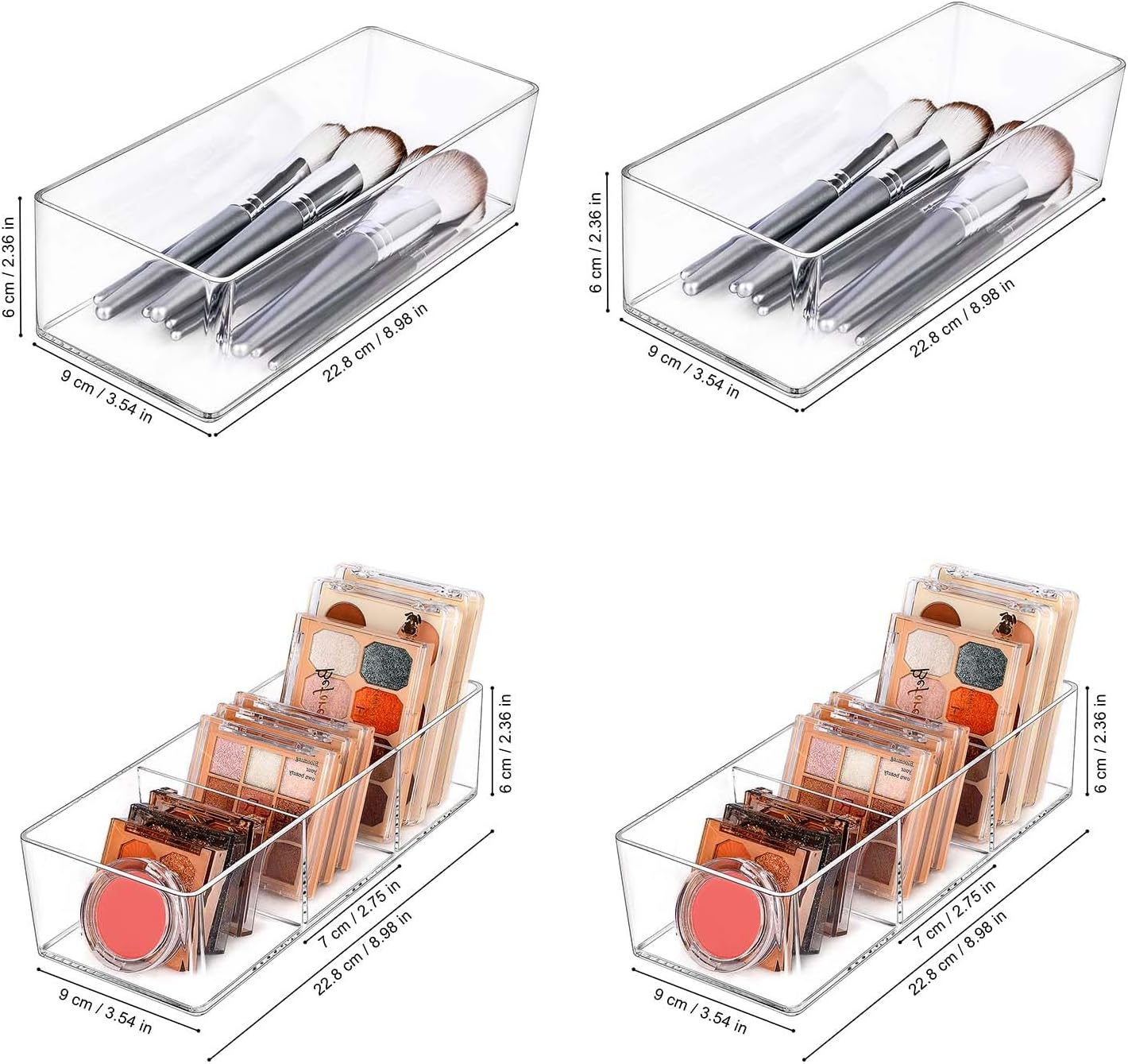 JessLab Acrylic Organizers, Bathroom Organizer for Drawer, 4-Pack Cosmetic Display Cases for Vanity, Countertop, Desk, Kitchen, and Makeup Storage, 2 of 1-Compartment and 2 of 3-Compartment