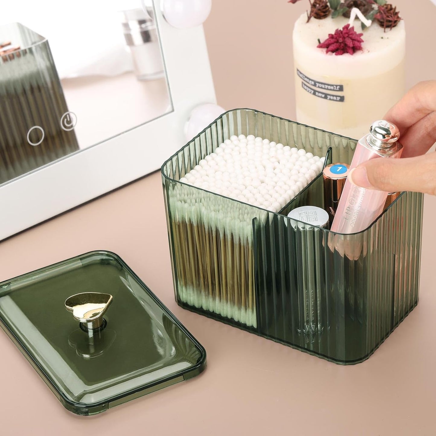Tbestmax Qtip Holder Dispenser 3-Section Clear Cotton Swab/Pad/Ball Holder Container 3 Grids Bathroom Organizer Jar Cosmetics Storage for Vanity(Green)
