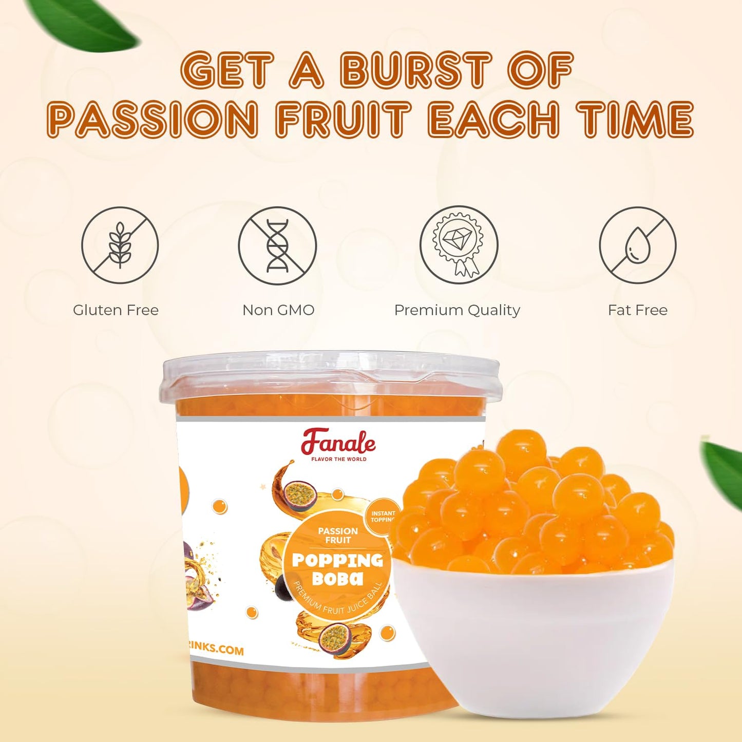 Fanale Passion Fruit Popping Boba Pearls, Vegan, Non GMO, Gluten Free, Fat Free, Perfect for Bubble Tea, Smoothies, Ice Cream, Desserts, and Beverages.