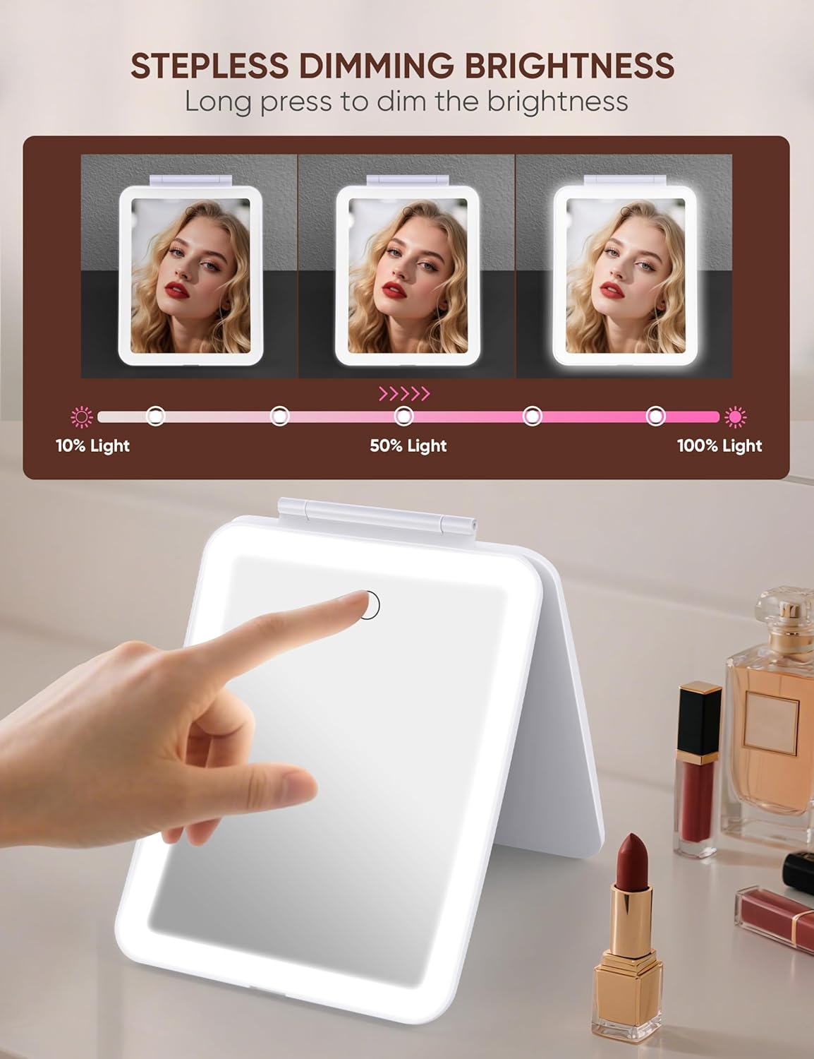1X/10X Magnifying Makeup Mirror with 3 Colored Lights and Touch Control, 2700mAh Rechargeable LED Vanity Mirror for Home, Bathroom and Travel (Pearl White, with LED Lights)