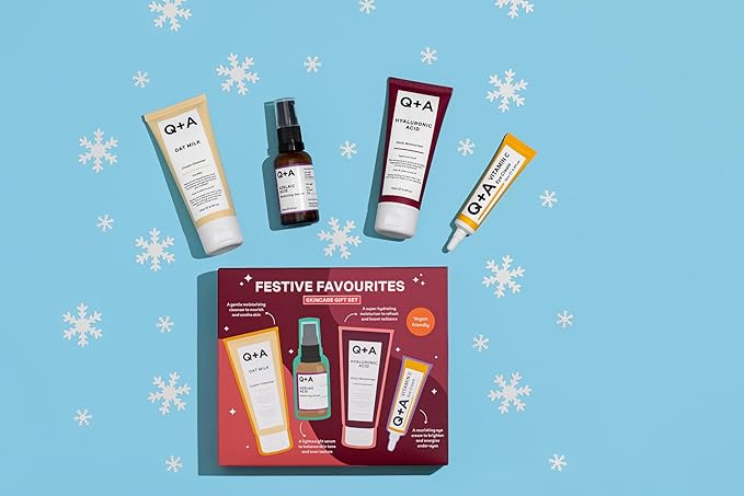 Q+A Festive Favourites Gift Set, containing a Hyaluronic Acid Moisturiser (75ml), an Oat Milk Cream Cleanser (75ml), an Azelaic Acid Serum (30ml), and a Caffeine Eye Serum (15ml)