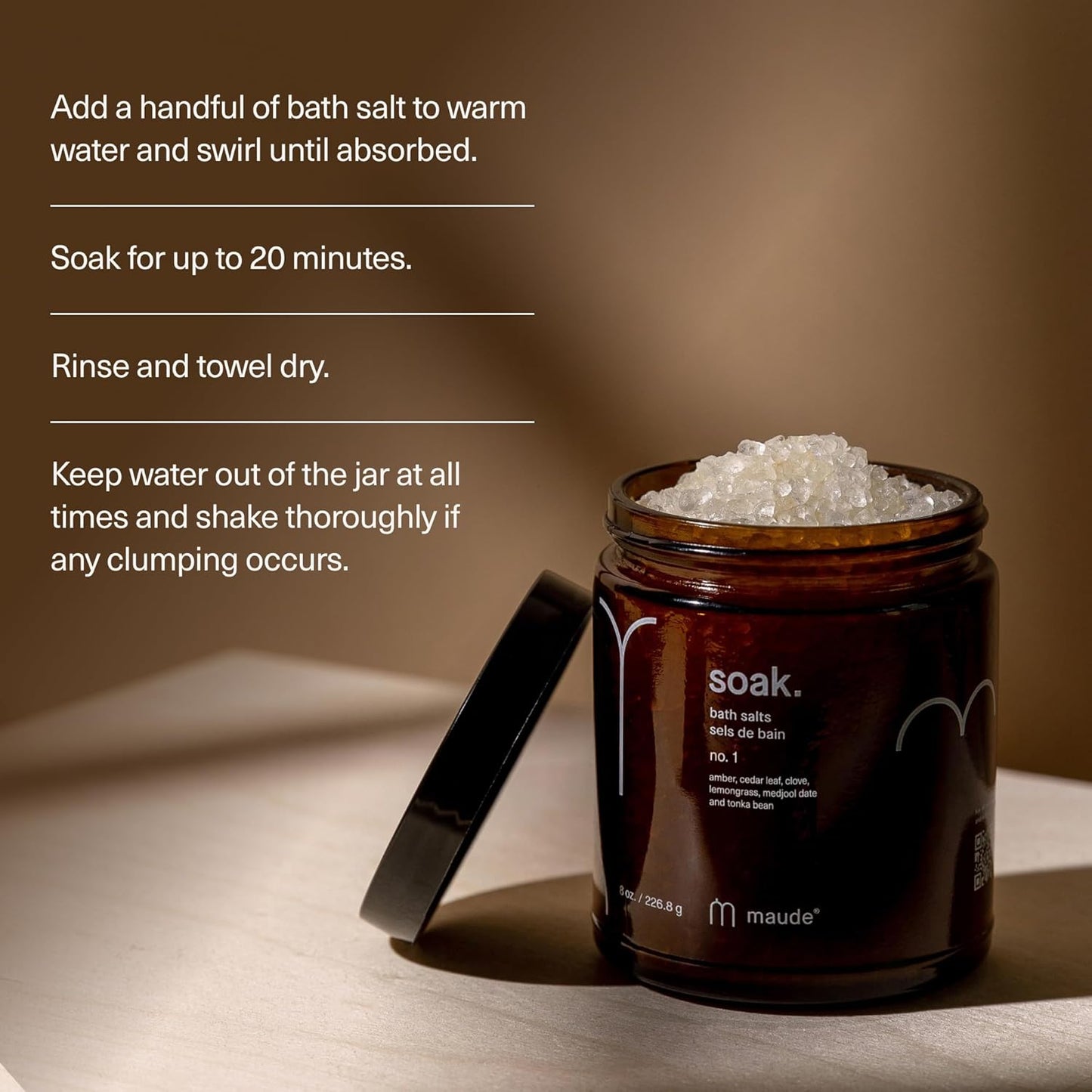 Maude Soak No. 1 - Nourishing Mineral Bath Salts - Hand-Harvested Dead Sea Salt with Magnesium & Potassium Chloride - Soften & Rejuvenate Skin - Notes of Amber, Cedar Leaf & Clove (8 oz)