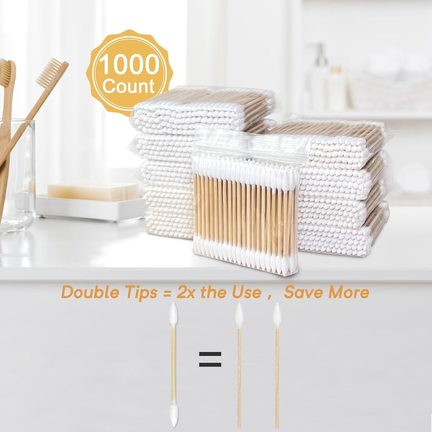 Organic Cotton Swabs 1000 Count in Storage Box, Double Pointed Cotton Swabs with Durable Bamboo Sticks, for Nail, Makeup, and Personal Use
