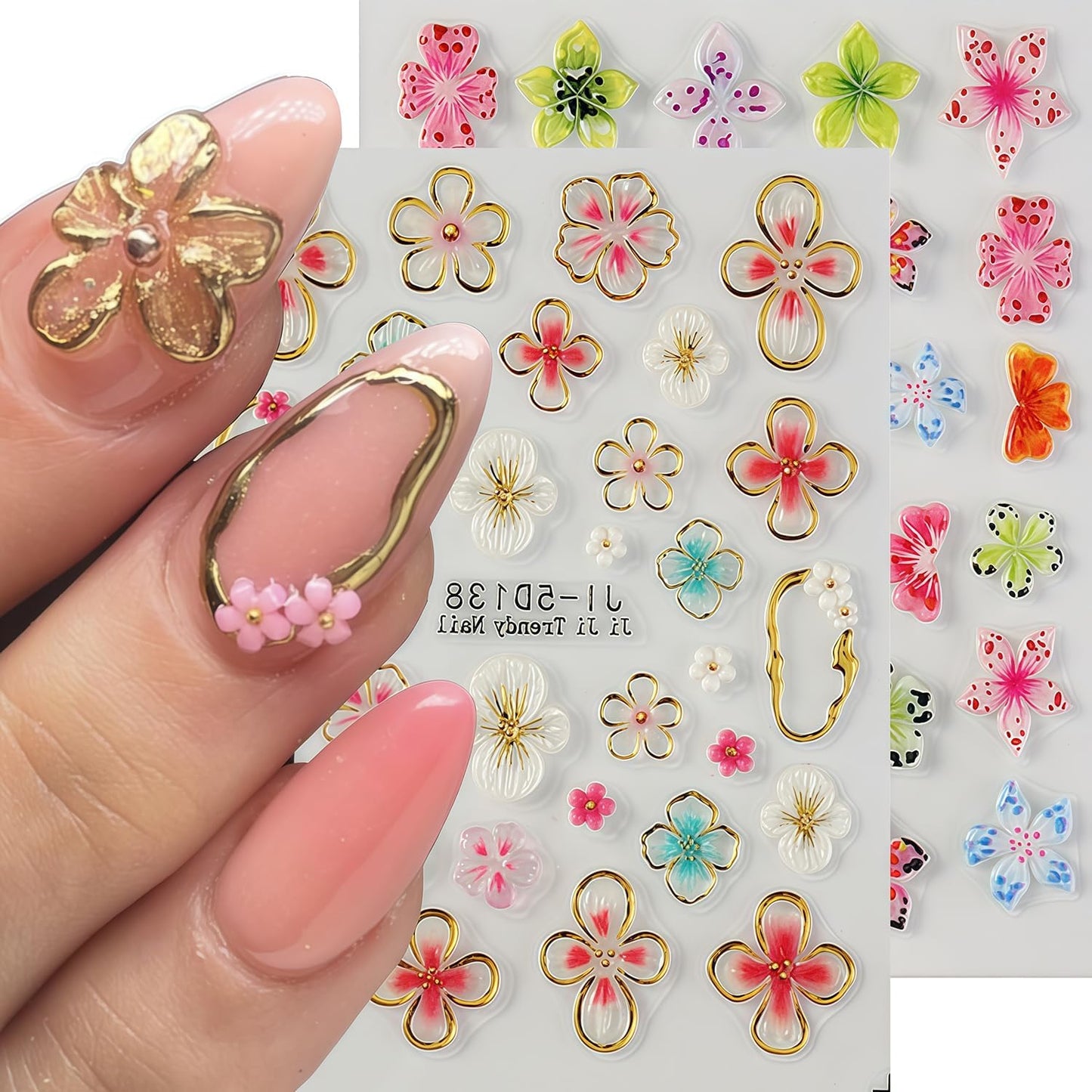 Flower Nail Stickers for Nail Art Hawaiian Flowers Nail Decals 5D Self-Adhesive Embossed Floral Summer Nails Art Design Sticker Beach DIY Acrylic Salon Manicure Decoration Kit for Women