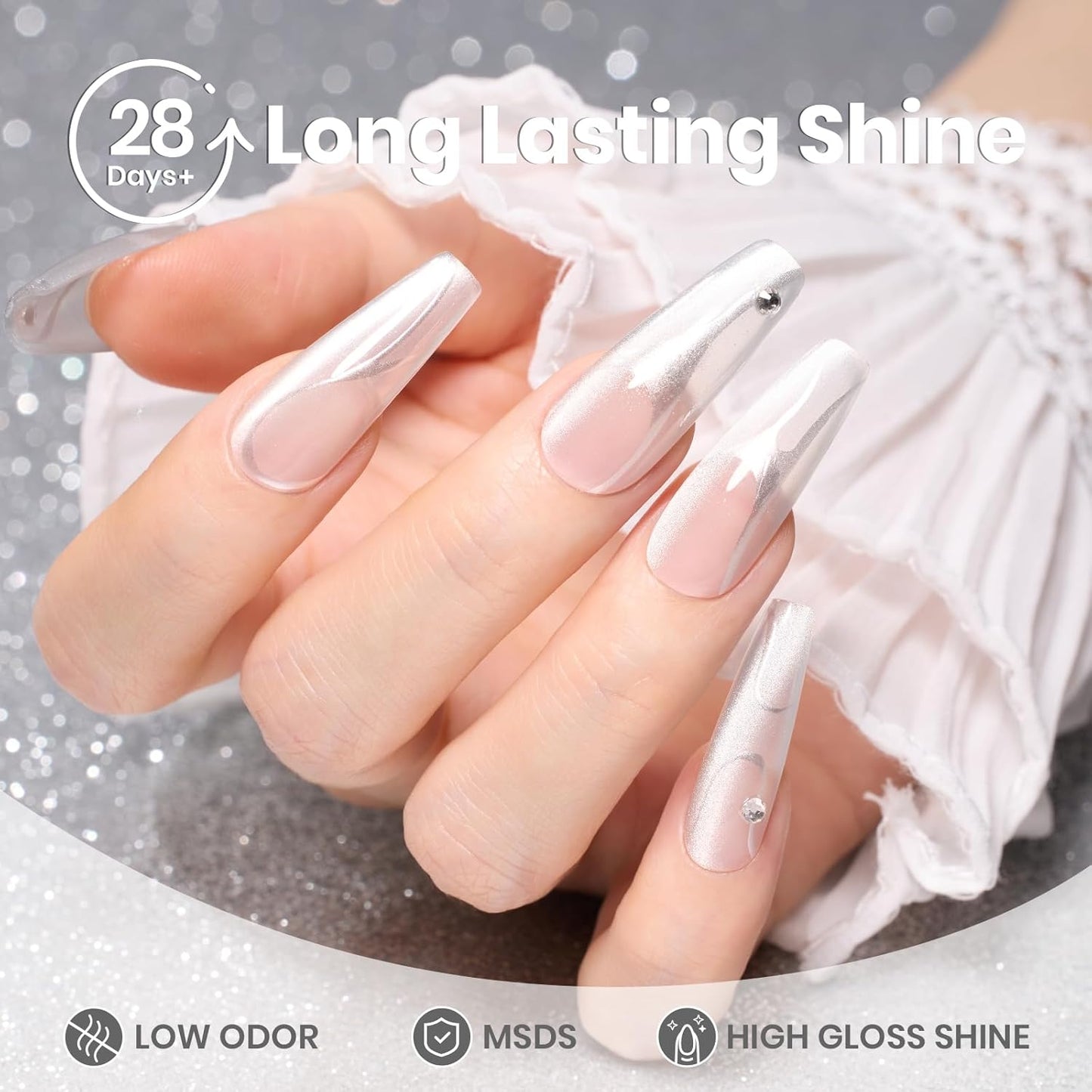 Beetles Silver Cat Eye Gel Polish, 15ML Silver Glass Cat Eye Glitter Gel Polish with Magnet Shimmer Translucent Sheer Color Soak Off UV Lunar Gleam Series French Nail Art Gift for Women