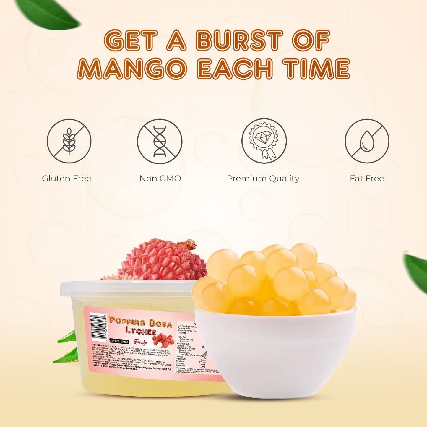 Fanale Popping Boba Pearls for Bubble Tea - 2 lb (1 lb X 2) | Lychee | Bursting Boba Pearls Bubble 450g X 2 | Fruit Juice Flavor for Shakes, Dessert, Smoothie | FPB006-SP450 X 2