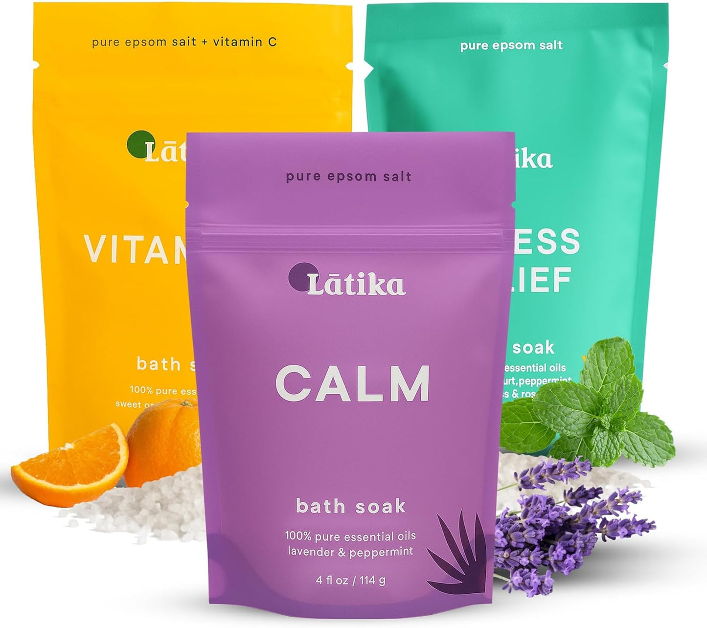 Soaks Set of 3 – Rejuvenate, Calm & Stress Relief Bath Soak with Essential Oils | Epsom Salt for Muscle Recovery & Skin Nourishment | Vitamin C, Lavender Mint, Grapefruit & More