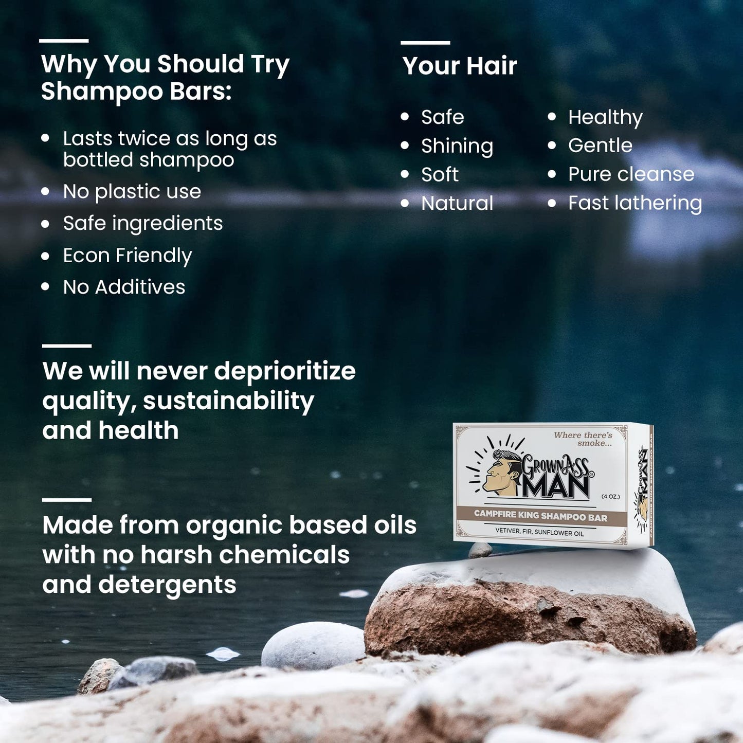 Solid Shampoo Bar Rich Lather 3 in 1: Hair, Beard & Body Wash - Plastic Free & Eco-Friendly, Natural & Organic Clean for All Hair Types, 4oz Bar (Campfire King, 6-Pack)