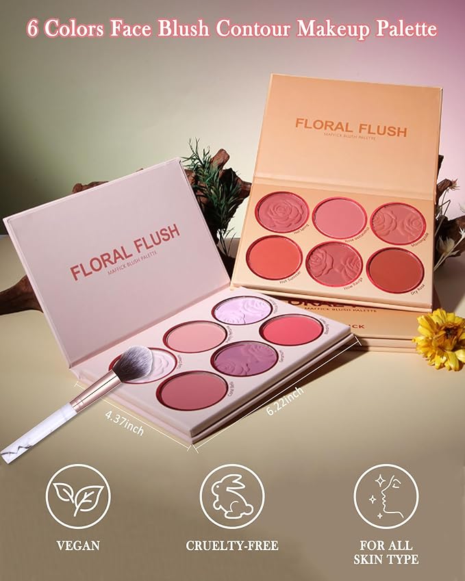 Matte Rose Face Blush Palette Kit with Brush-6 Color High Pigment Silky Mineral Blendable Blusher Contour Powder for Cheeks,Longlasting Eyeshadow Facial Beauty Cosmetic Makeup Gift for Women-Set 02
