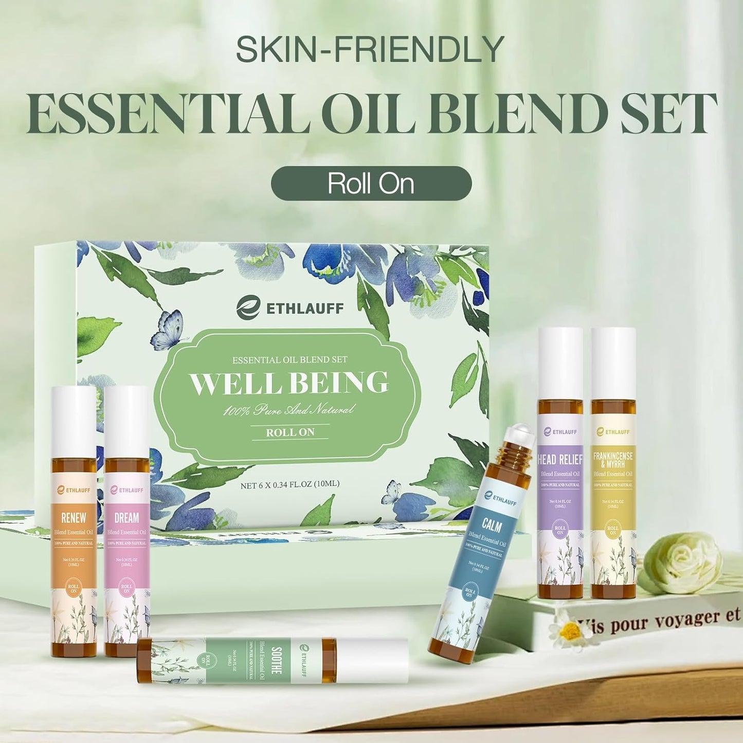 Essential Oil Roll On Set, (Calm,Renew,Dream,Head Relief), Aromatherapy Roll On Blends for Massage, Body Care & Home Use, Stress Relief Gift Men & Women