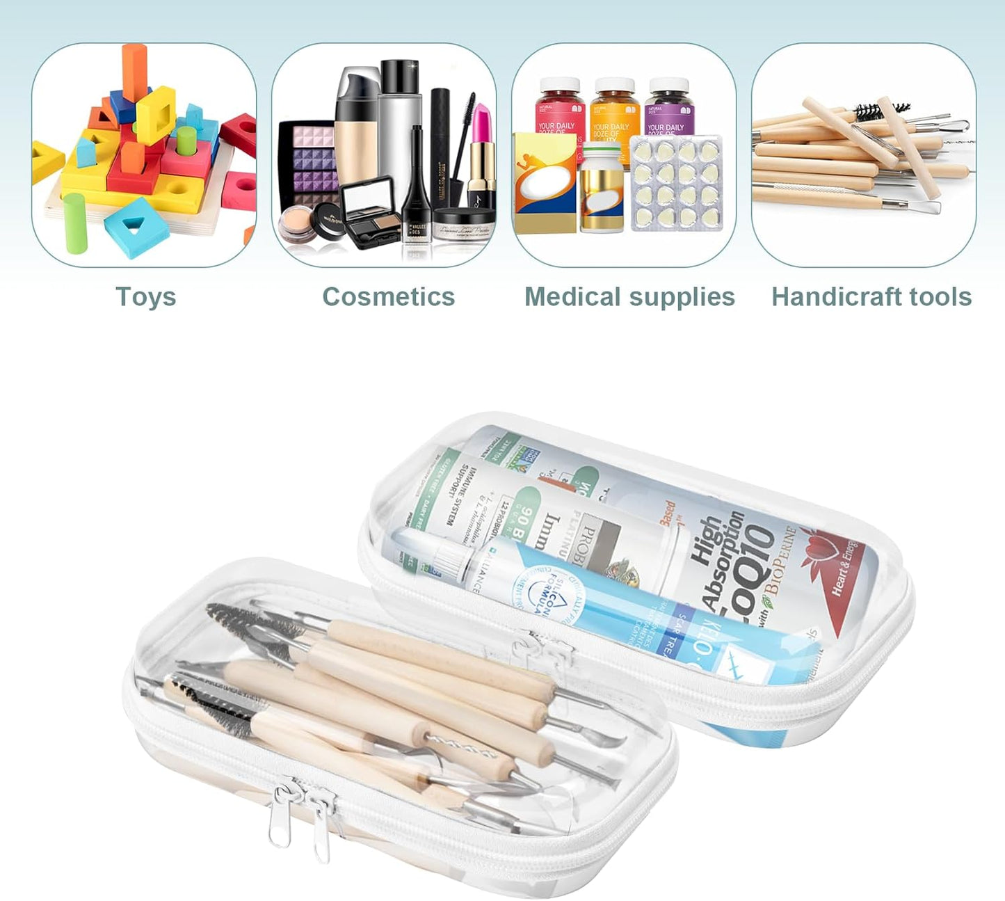 Set of 2 - Hard Sided Clear Zipper Case for Storage - Professional-Grade Plastic Hard Shell Zippered Organizers, Cosmetic Bag, Snack Bins