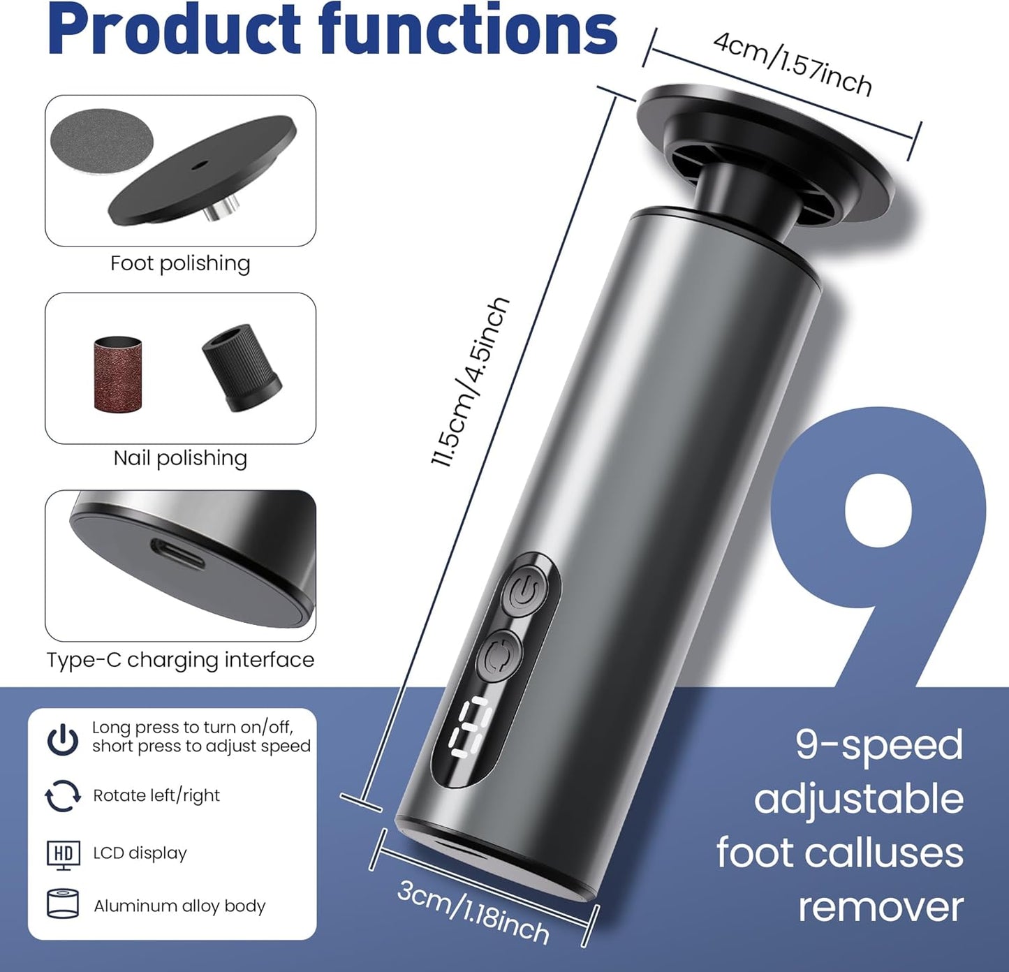 Electric Foot Callus Remover,2 in1 Rechargeable Callus Remover for Feet,9-Speed Wireless Electric Foot File Nail Grinder,Foot Scrubber Pedicure Tools for Dead Skin Dry Cracked Feet(Black MINI)