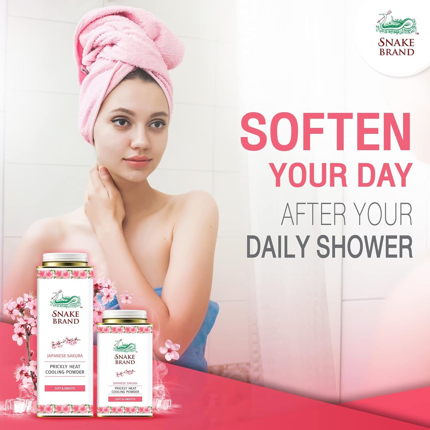 Snake Brand Prickly Heat Cooling Powder for Everyday Use - Anti-Chafing, Heat Rash Relief, Soft Sakura Scent (9.9 Oz / 280g)